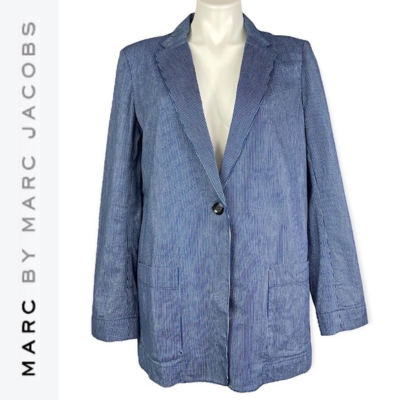 MARC BY MARC JACOBS Cotton Oversized Pinstriped Indigo Multi Blazer Jacket NWT L - Picture 1 of 16